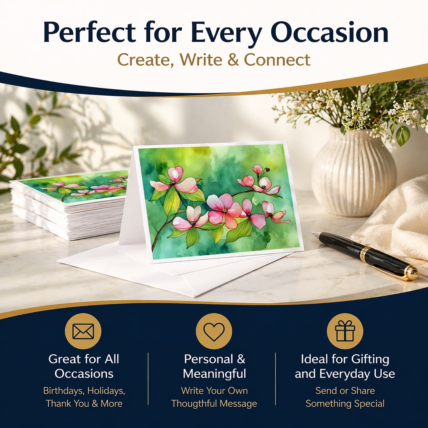 Virginia American Dogwood in Watercolor Greeting Cards Pack of 8 Blank Cards with Envelopes Whimsical A7 Size 5x7