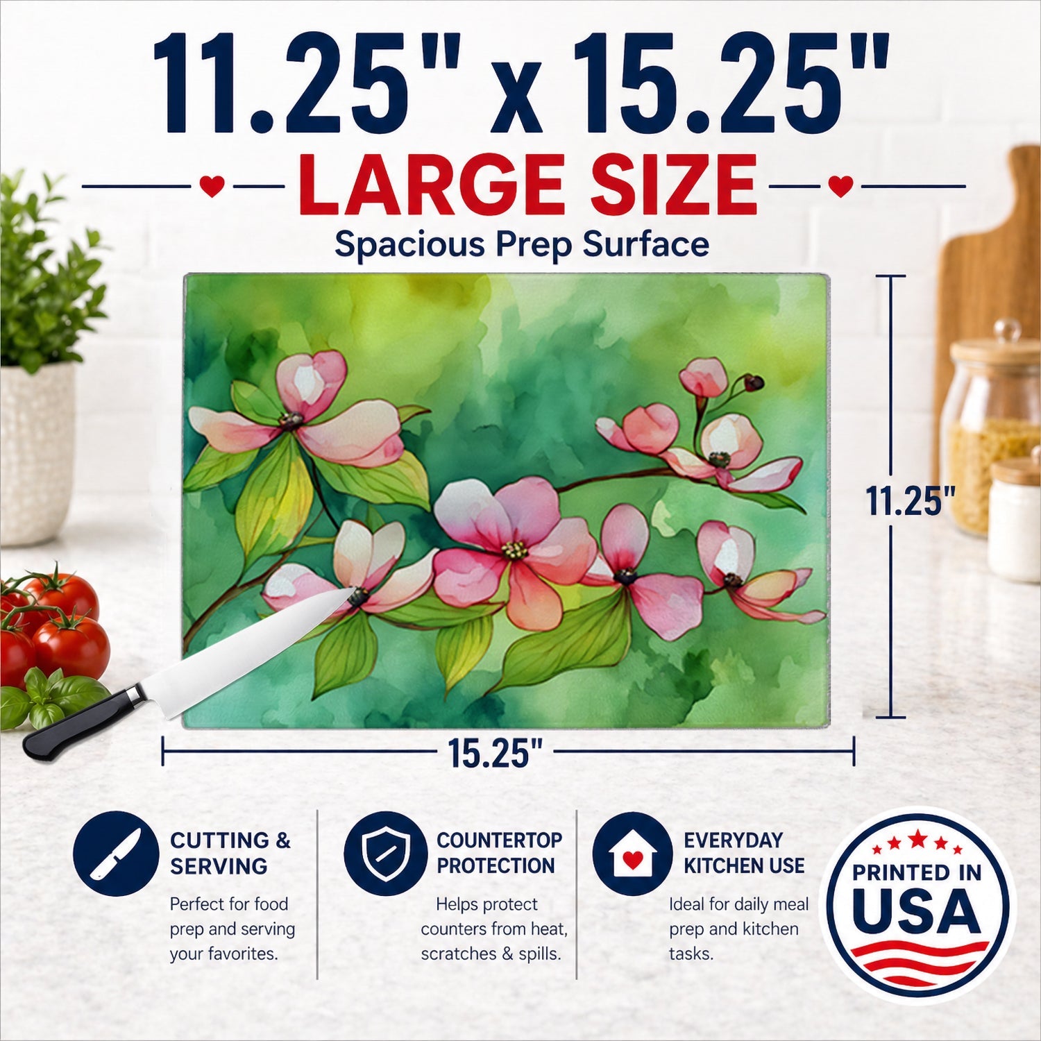 Virginia American Dogwood in Watercolor Cutting Board Tempered Glass Kitchen Cutting Surface, Heat Resistant Chopping, Non-Slip Feet, Food Prep & Serving