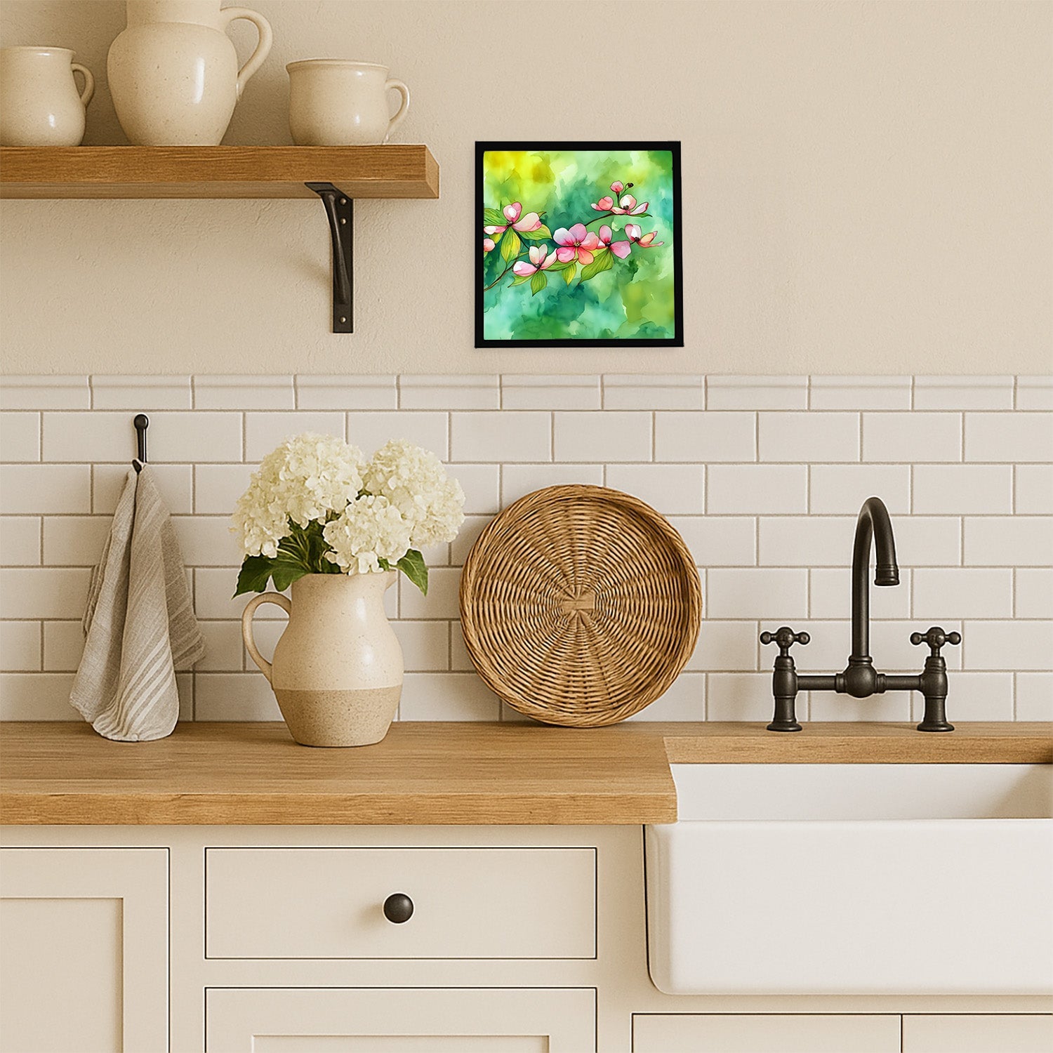 Virginia American Dogwood in Watercolor Framed Metal Print Bathroom, Kitchen, Office, Home Decor Wall Art Ready to Hang, Square, 8X8