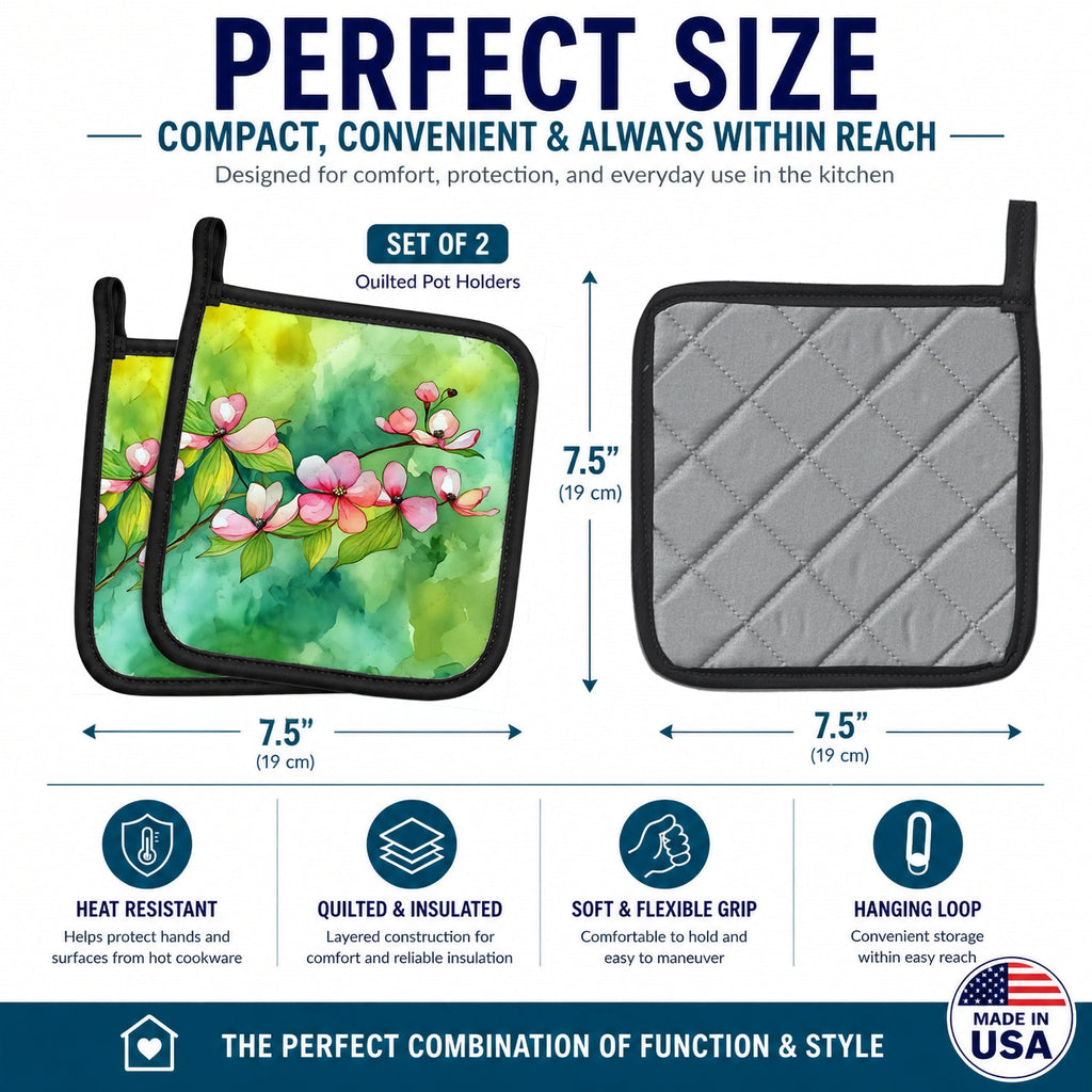 Virginia American Dogwood in Watercolor Pot Holder Set of 2 Heat Resistant Quilted Hot Pads 7.5 x 7.5 Inch, Insulated Kitchen Trivets for Cooking & Baking