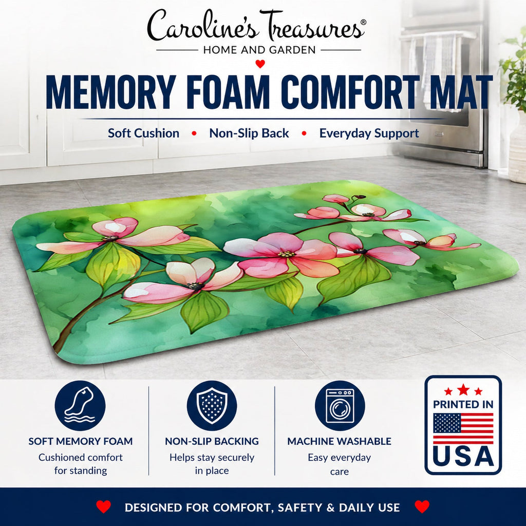 Virginia American Dogwood in Watercolor Memory Foam Kitchen Mat Machine Washable Anti-Fatigue Cushion Comfort Bath or Kitchen Rug
