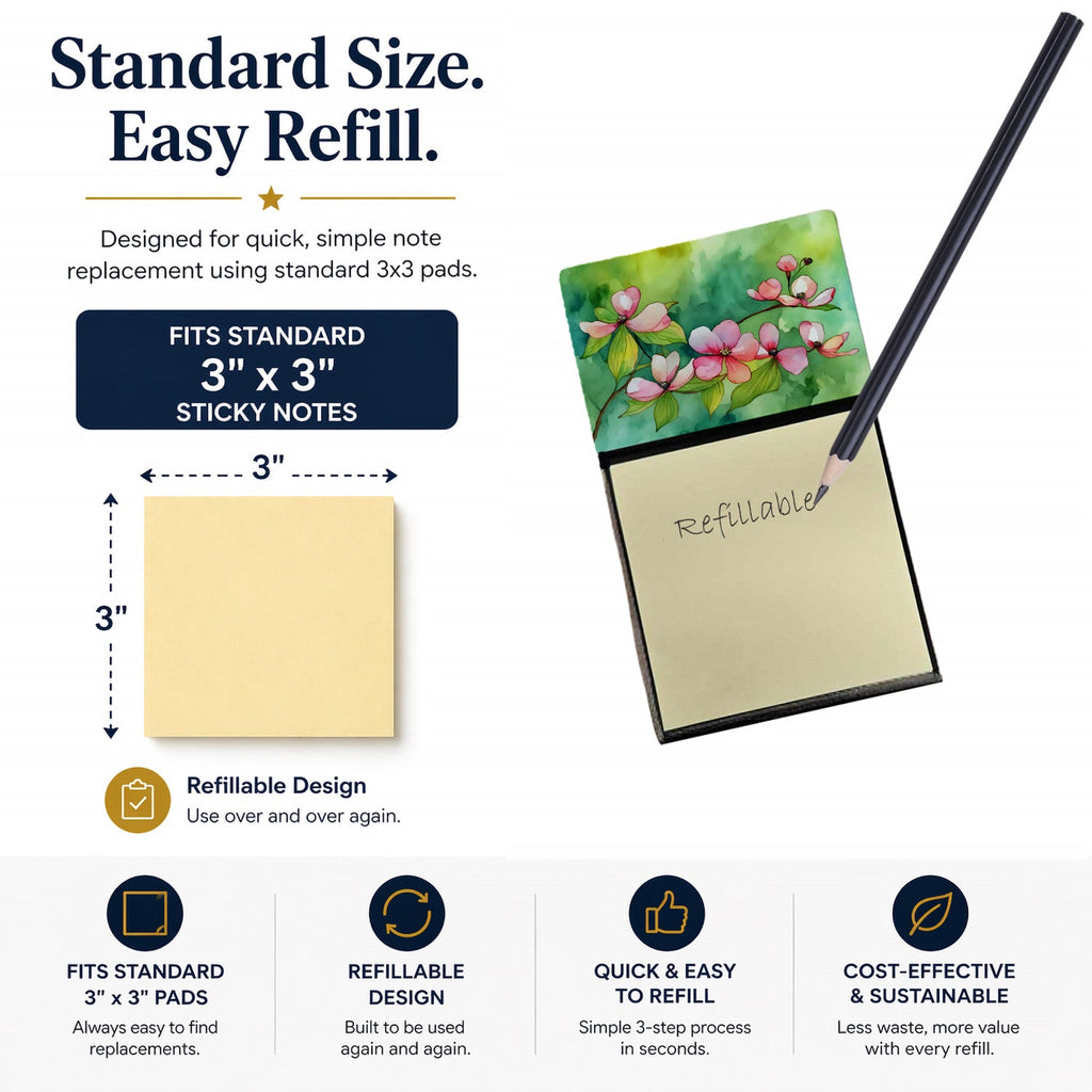 Virginia American Dogwood in Watercolor Watercolor Sticky Note Holder Refillable Dispenser Desk Accessory 3x3 Pad Gift