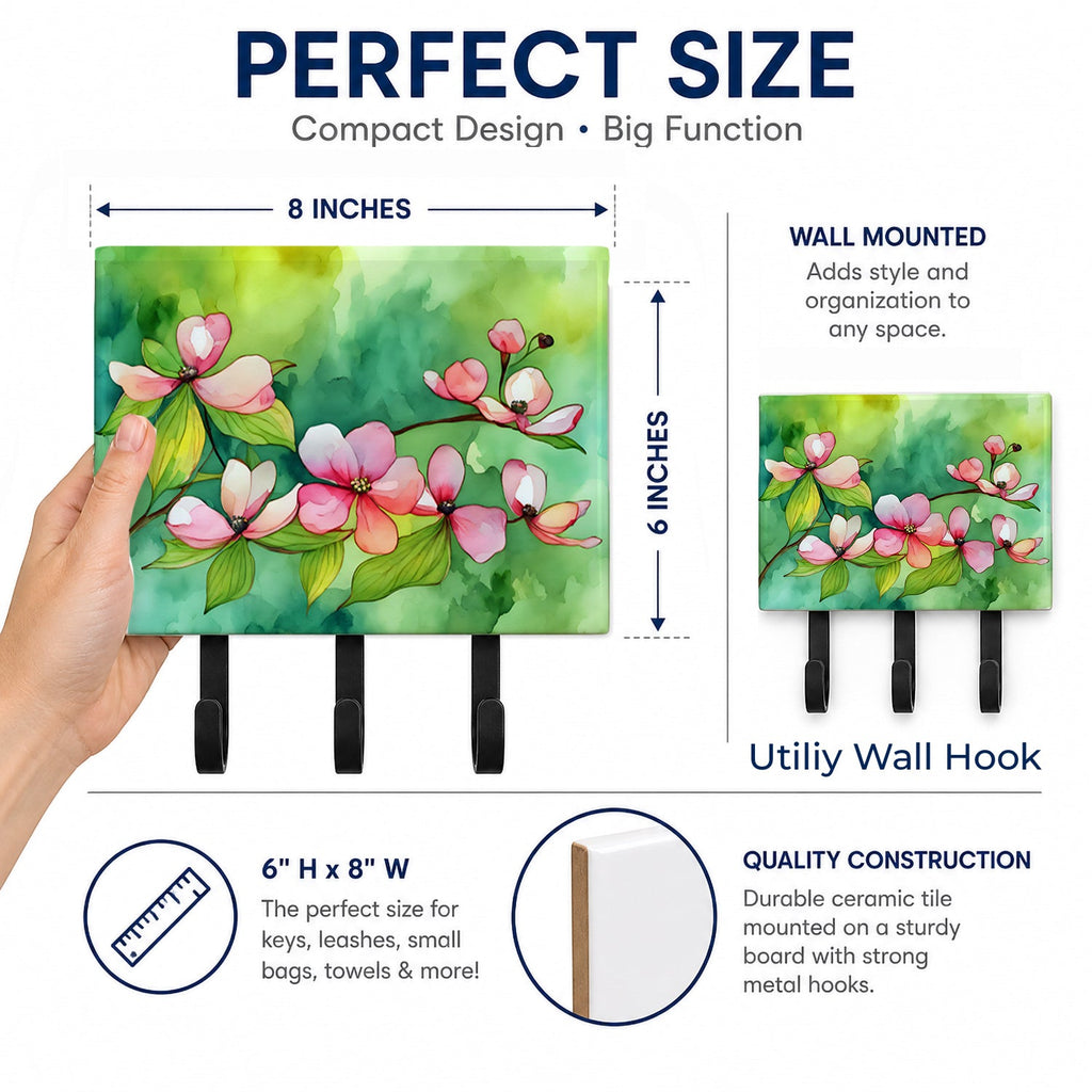 Virginia American Dogwood in Watercolor Leash or Key Holder Wall Hooks, Coat Rack Wall Mount, for Hanging Keys, Towels, Aprons, Leashes