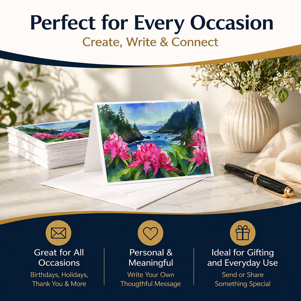 Washington Coast Rhododendrons in Watercolor Greeting Cards Pack of 8 Blank Cards with Envelopes Whimsical A7 Size 5x7