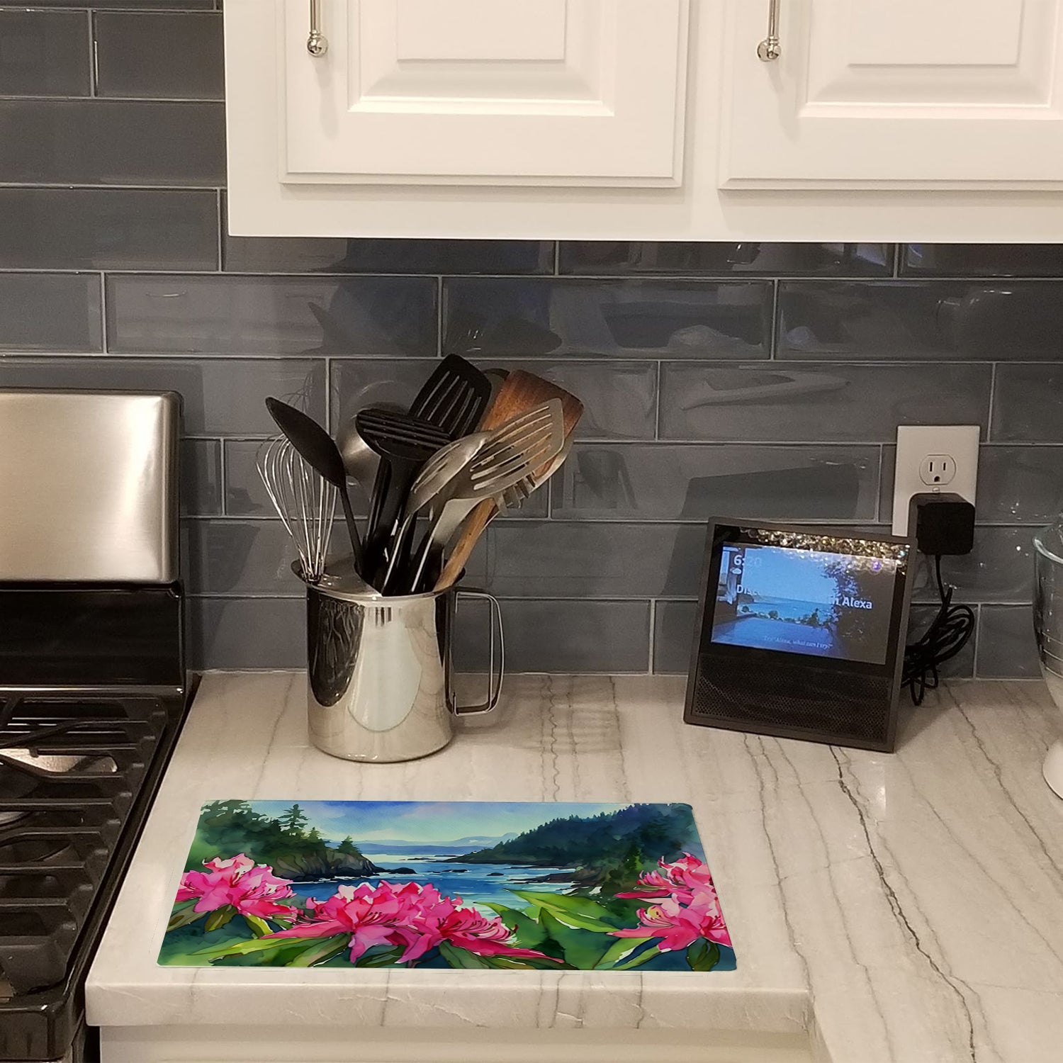Washington Coast Rhododendrons in Watercolor Cutting Board Tempered Glass Kitchen Cutting Surface, Heat Resistant Chopping, Non-Slip Feet, Food Prep & Serving