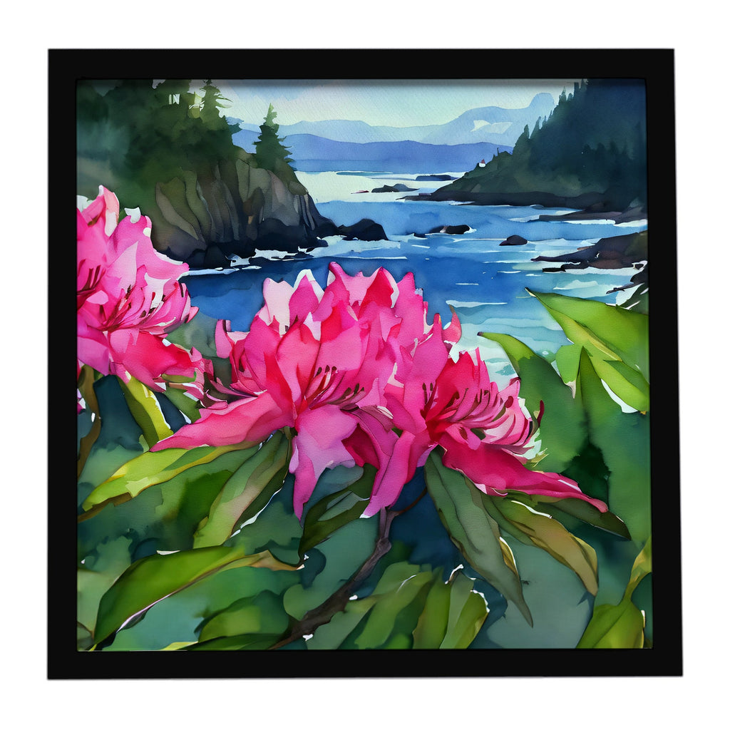 Washington Coast Rhododendrons in Watercolor Framed Metal Print Bathroom, Kitchen, Office, Home Decor Wall Art Ready to Hang, Square, 8X8