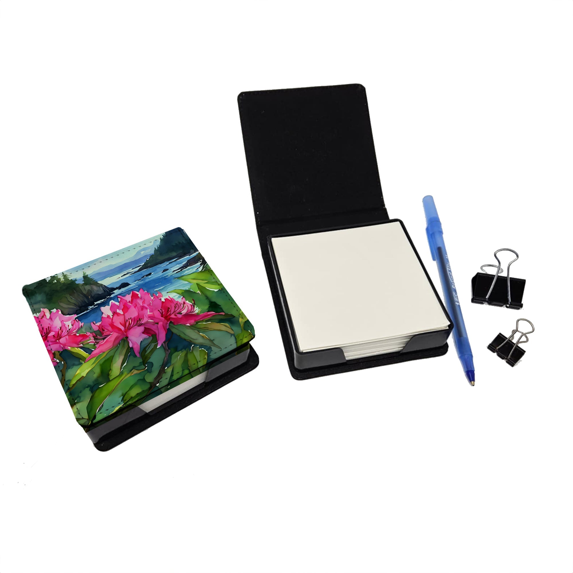 Washington Coast Rhododendrons in Watercolor PU Leather Note Paper Holder with Artist-Designed Cover, Desk Accessory, Office Gift