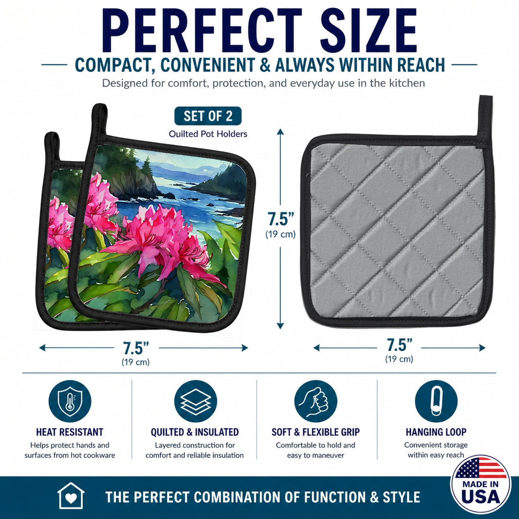 Washington Coast Rhododendrons in Watercolor Pot Holder Set of 2 Heat Resistant Quilted Hot Pads 7.5 x 7.5 Inch, Insulated Kitchen Trivets for Cooking & Baking