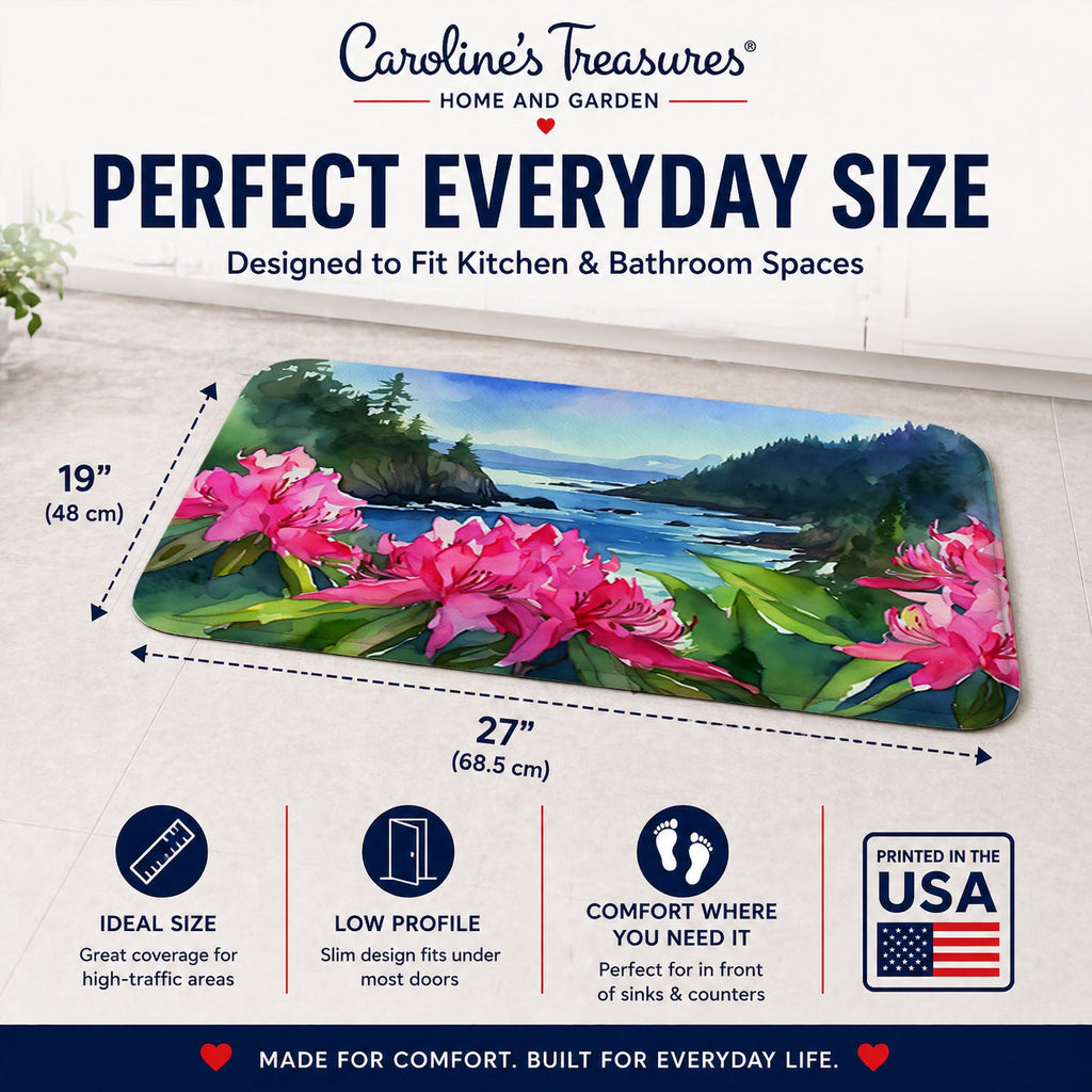 Washington Coast Rhododendrons in Watercolor Memory Foam Kitchen Mat Machine Washable Anti-Fatigue Cushion Comfort Bath or Kitchen Rug