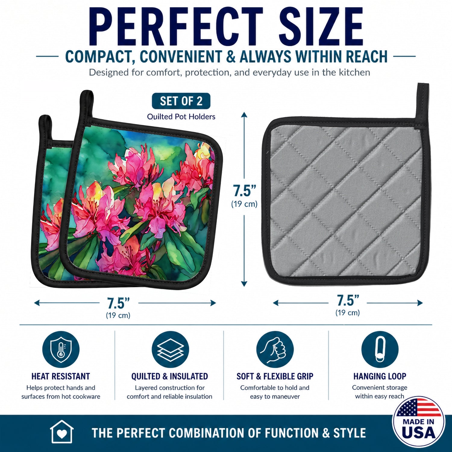 West Virginia Rhododendrons in Watercolor Pot Holder Set of 2 Heat Resistant Quilted Hot Pads 7.5 x 7.5 Inch, Insulated Kitchen Trivets for Cooking & Baking