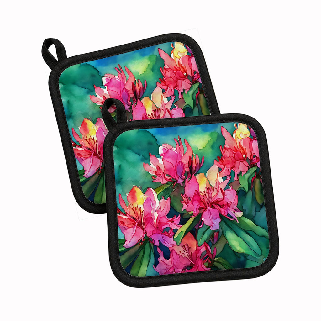 West Virginia Rhododendrons in Watercolor Pot Holder Set of 2 Heat Resistant Quilted Hot Pads 7.5 x 7.5 Inch, Insulated Kitchen Trivets for Cooking & Baking