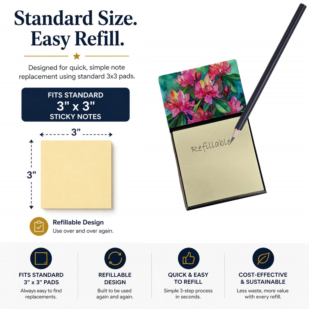 West Virginia Rhododendrons in Watercolor Watercolor Sticky Note Holder Refillable Dispenser Desk Accessory 3x3 Pad Gift
