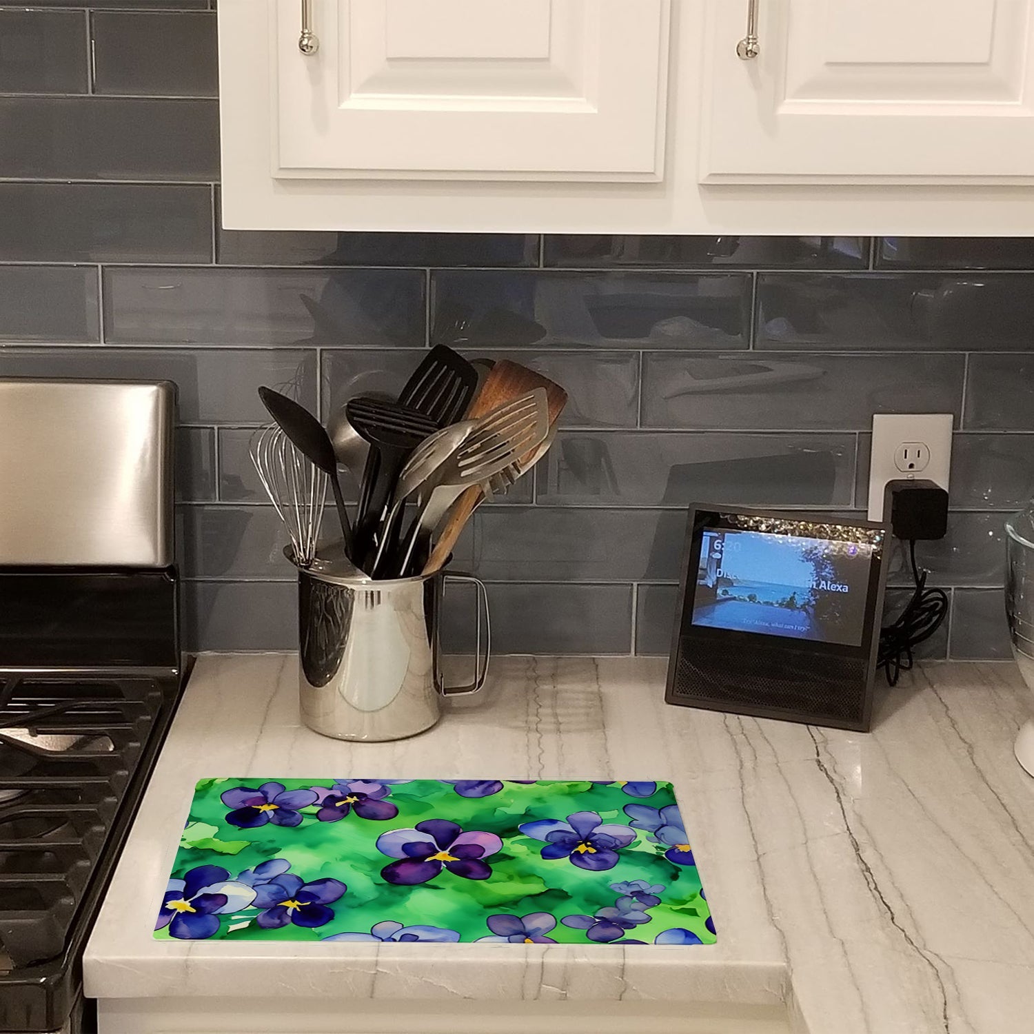 Wisconsin Wood Violets in Watercolor Cutting Board Tempered Glass Kitchen Cutting Surface, Heat Resistant Chopping, Non-Slip Feet, Food Prep & Serving