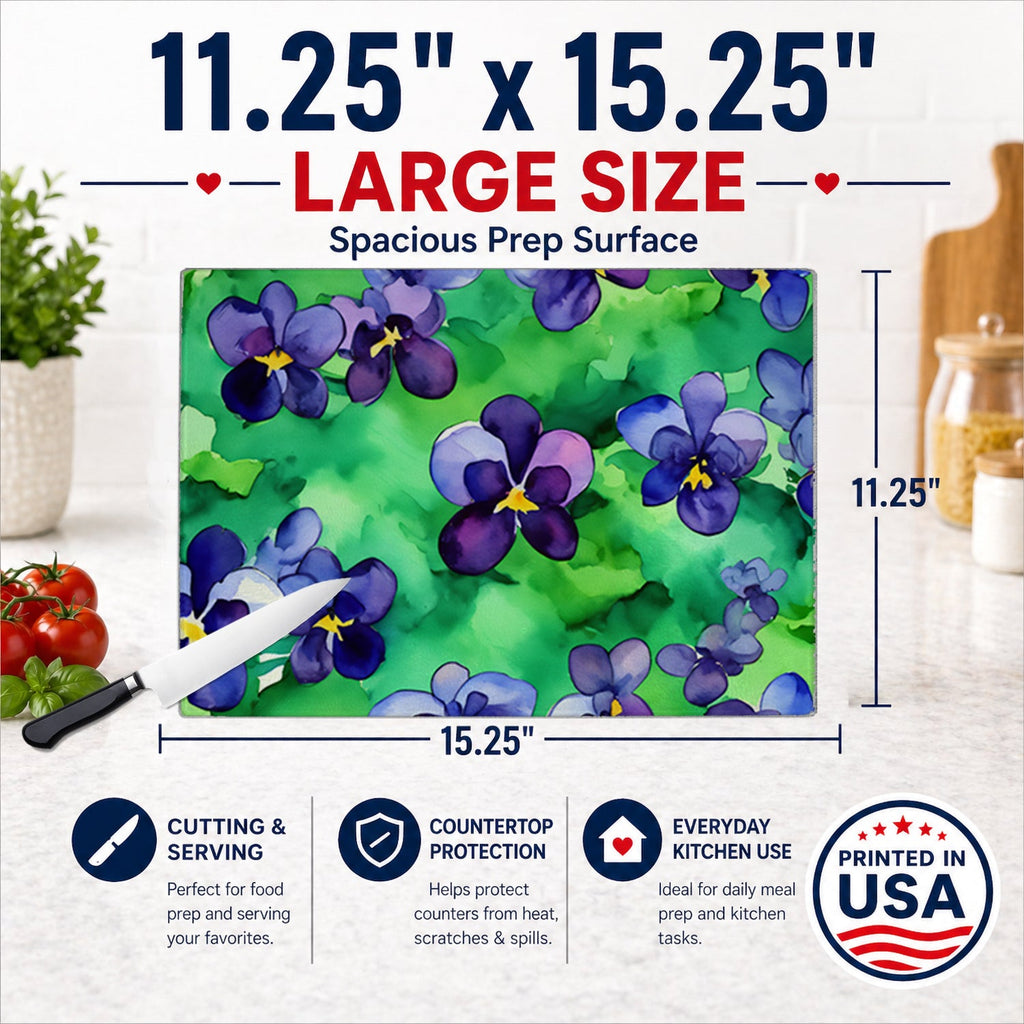 Wisconsin Wood Violets in Watercolor Cutting Board Tempered Glass Kitchen Cutting Surface, Heat Resistant Chopping, Non-Slip Feet, Food Prep & Serving