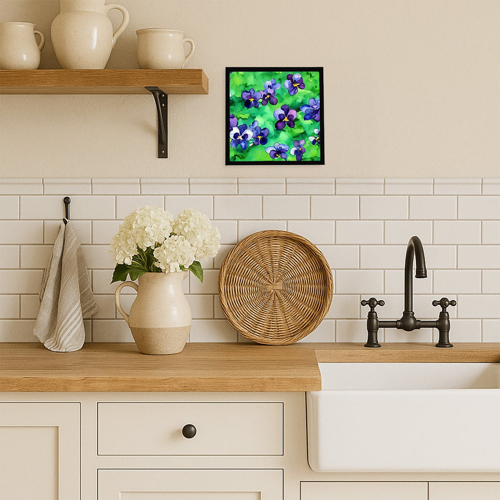 Wisconsin Wood Violets in Watercolor Framed Metal Print Bathroom, Kitchen, Office, Home Decor Wall Art Ready to Hang, Square, 8X8