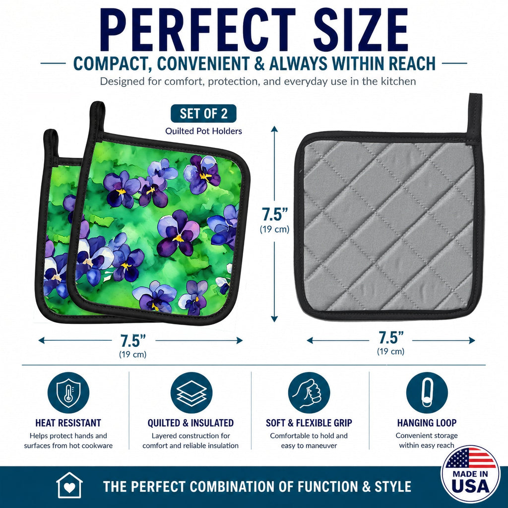 Wisconsin Wood Violets in Watercolor Pot Holder Set of 2 Heat Resistant Quilted Hot Pads 7.5 x 7.5 Inch, Insulated Kitchen Trivets for Cooking & Baking
