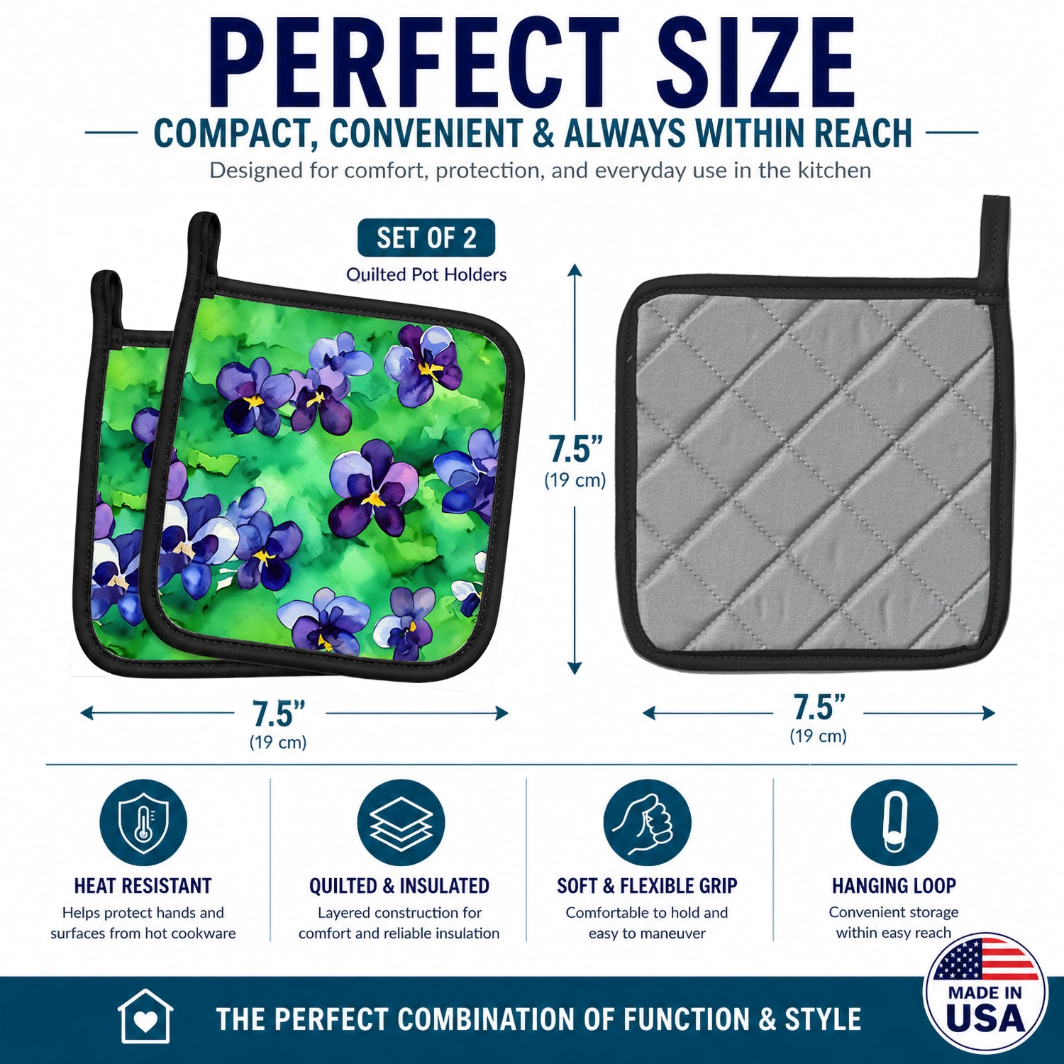 Wisconsin Wood Violets in Watercolor Pot Holder Set of 2 Heat Resistant Quilted Hot Pads 7.5 x 7.5 Inch, Insulated Kitchen Trivets for Cooking & Baking