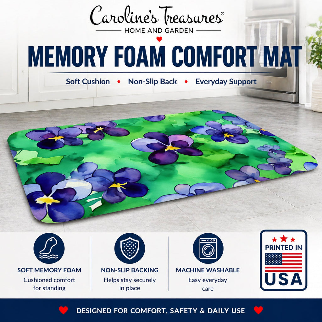 Wisconsin Wood Violets in Watercolor Memory Foam Kitchen Mat Machine Washable Anti-Fatigue Cushion Comfort Bath or Kitchen Rug