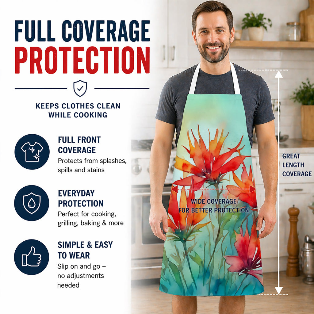 Wyoming Indian Paintbrush in Watercolor Apron Cooking Kitchen Server Baking Crafts Gardening for Adult Women Men, Unisex, Large, Multicolor