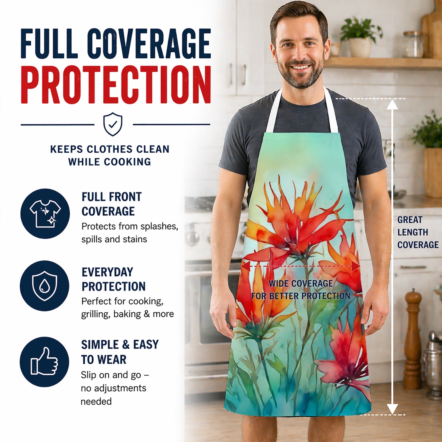 Wyoming Indian Paintbrush in Watercolor Apron Cooking Kitchen Server Baking Crafts Gardening for Adult Women Men, Unisex, Large, Multicolor