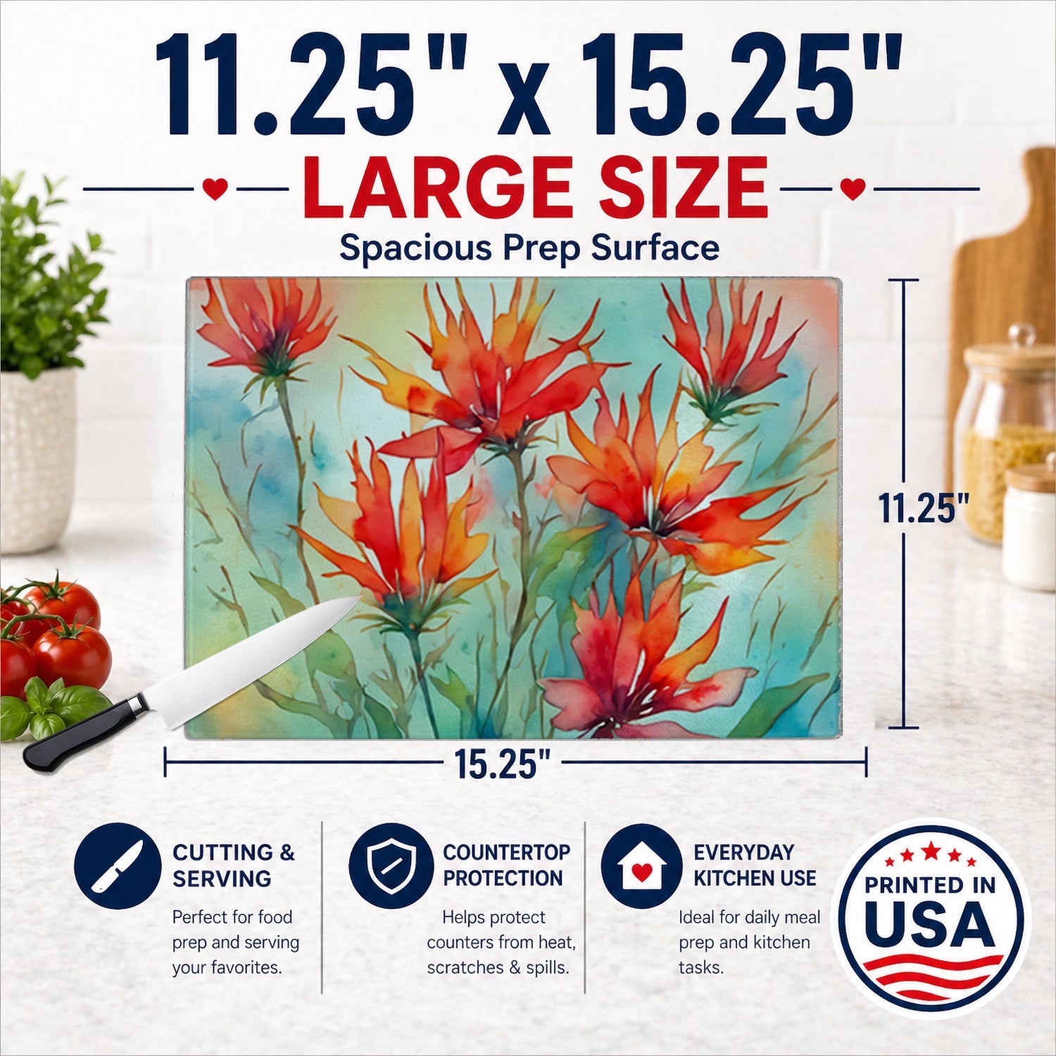 Wyoming Indian Paintbrush in Watercolor Cutting Board Tempered Glass Kitchen Cutting Surface, Heat Resistant Chopping, Non-Slip Feet, Food Prep & Serving