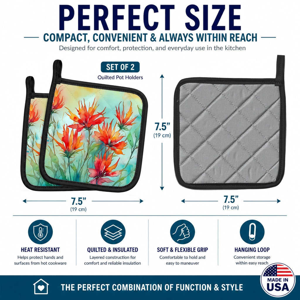 Wyoming Indian Paintbrush in Watercolor Pot Holder Set of 2 Heat Resistant Quilted Hot Pads 7.5 x 7.5 Inch, Insulated Kitchen Trivets for Cooking & Baking