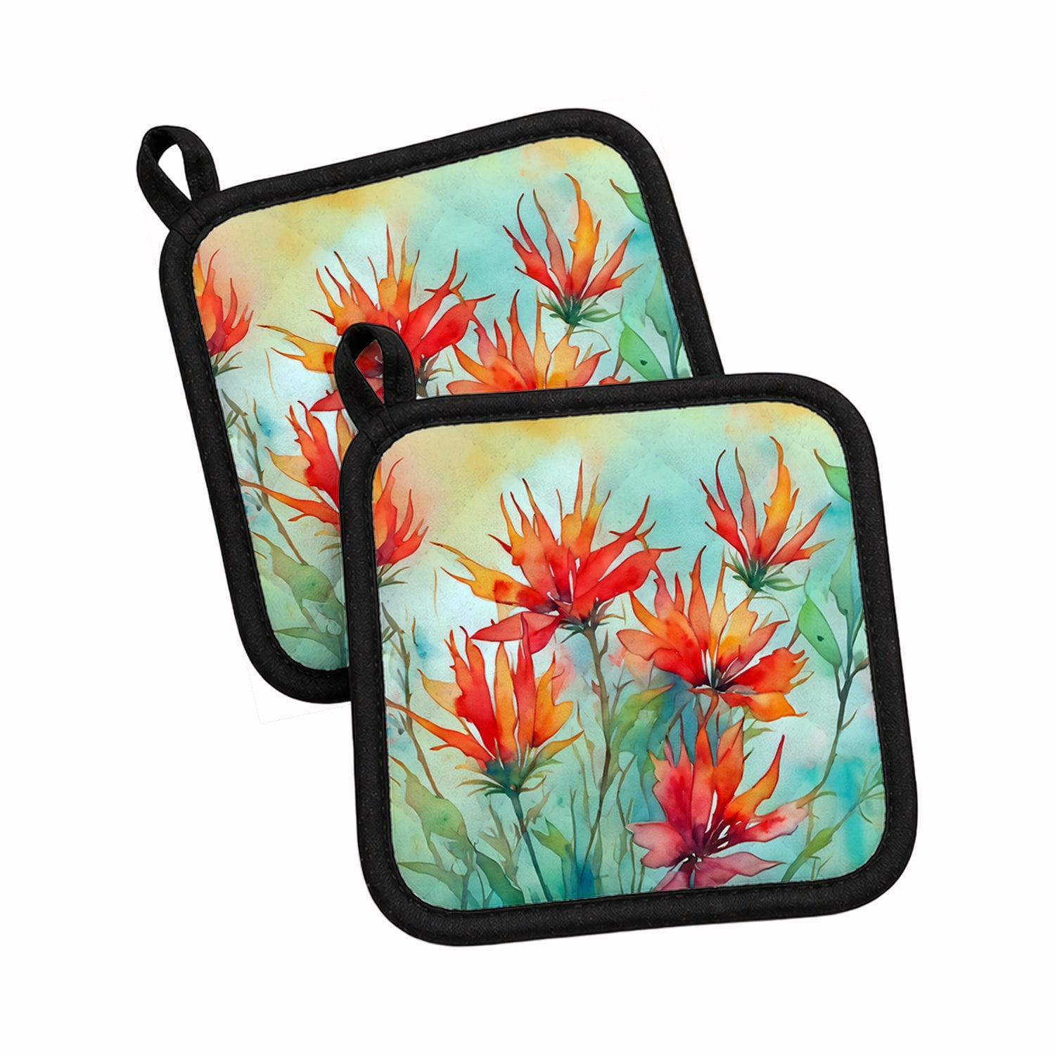 Wyoming Indian Paintbrush in Watercolor Pot Holder Set of 2 Heat Resistant Quilted Hot Pads 7.5 x 7.5 Inch, Insulated Kitchen Trivets for Cooking & Baking