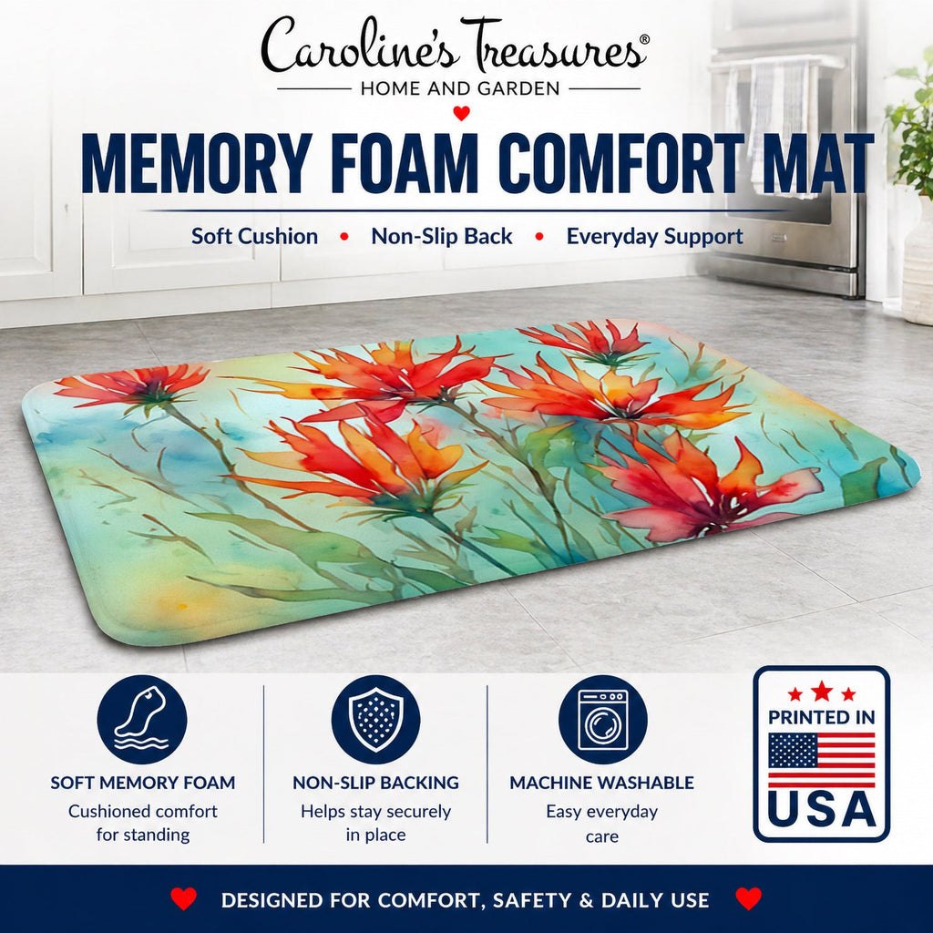Wyoming Indian Paintbrush in Watercolor Memory Foam Kitchen Mat Machine Washable Anti-Fatigue Cushion Comfort Bath or Kitchen Rug