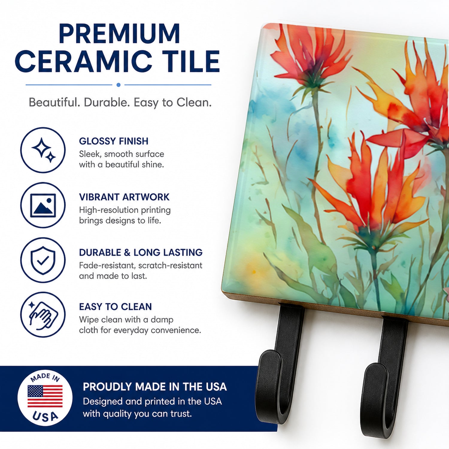 Wyoming Indian Paintbrush in Watercolor Leash or Key Holder Wall Hooks, Coat Rack Wall Mount, for Hanging Keys, Towels, Aprons, Leashes