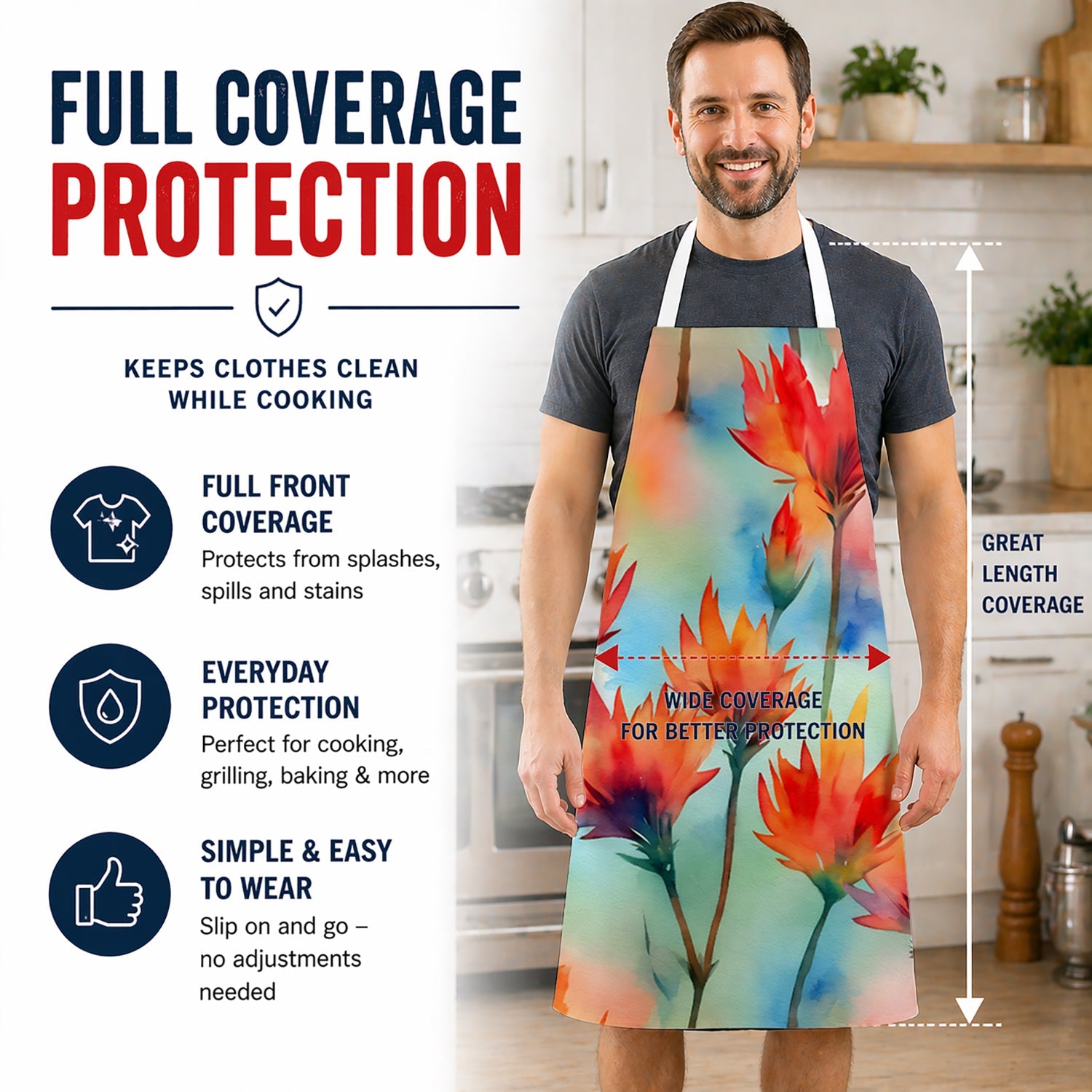 Wyoming Indian Paintbrush in Watercolor Apron Cooking Kitchen Server Baking Crafts Gardening for Adult Women Men, Unisex, Large, Multicolor