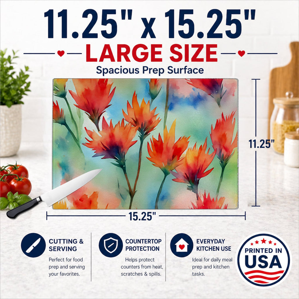 Wyoming Indian Paintbrush in Watercolor Cutting Board Tempered Glass Kitchen Cutting Surface, Heat Resistant Chopping, Non-Slip Feet, Food Prep & Serving