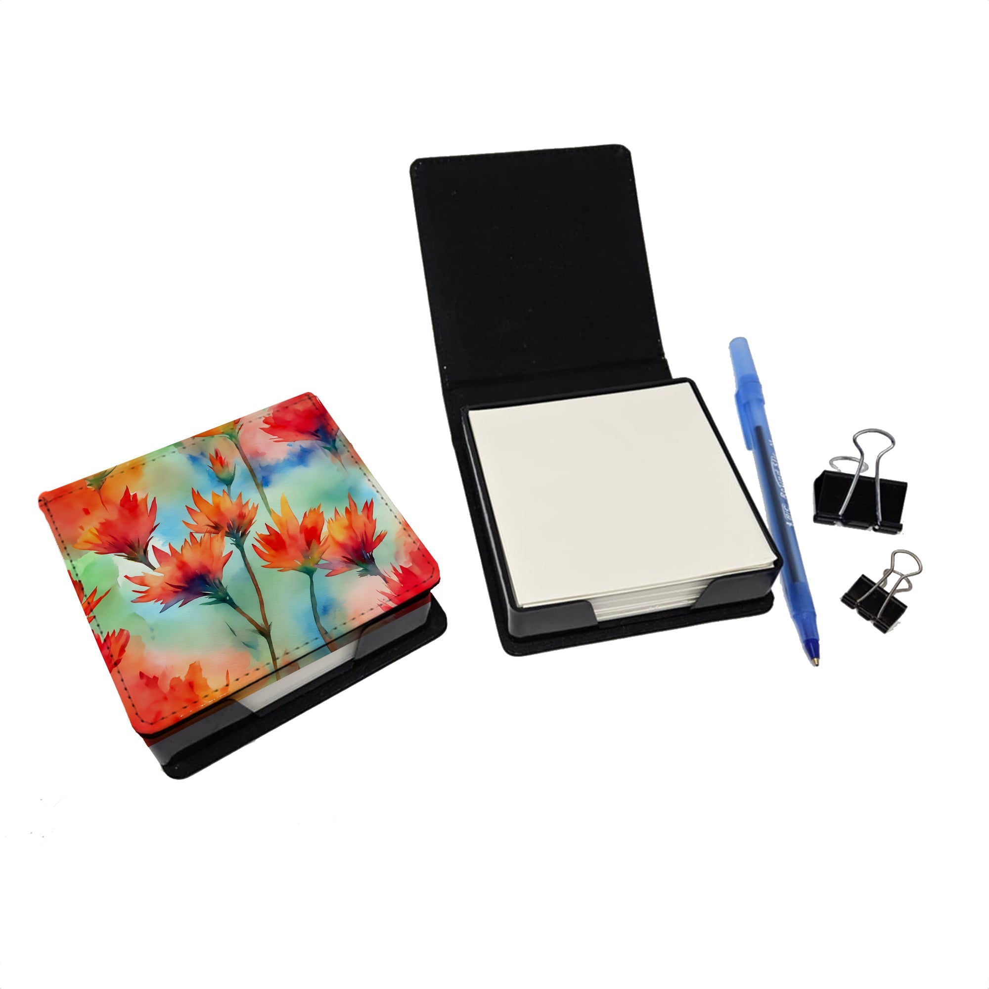 Wyoming Indian Paintbrush in Watercolor PU Leather Note Paper Holder with Artist-Designed Cover, Desk Accessory, Office Gift