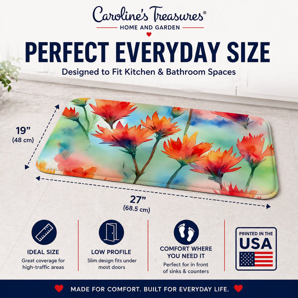 Wyoming Indian Paintbrush in Watercolor Memory Foam Kitchen Mat Machine Washable Anti-Fatigue Cushion Comfort Bath or Kitchen Rug