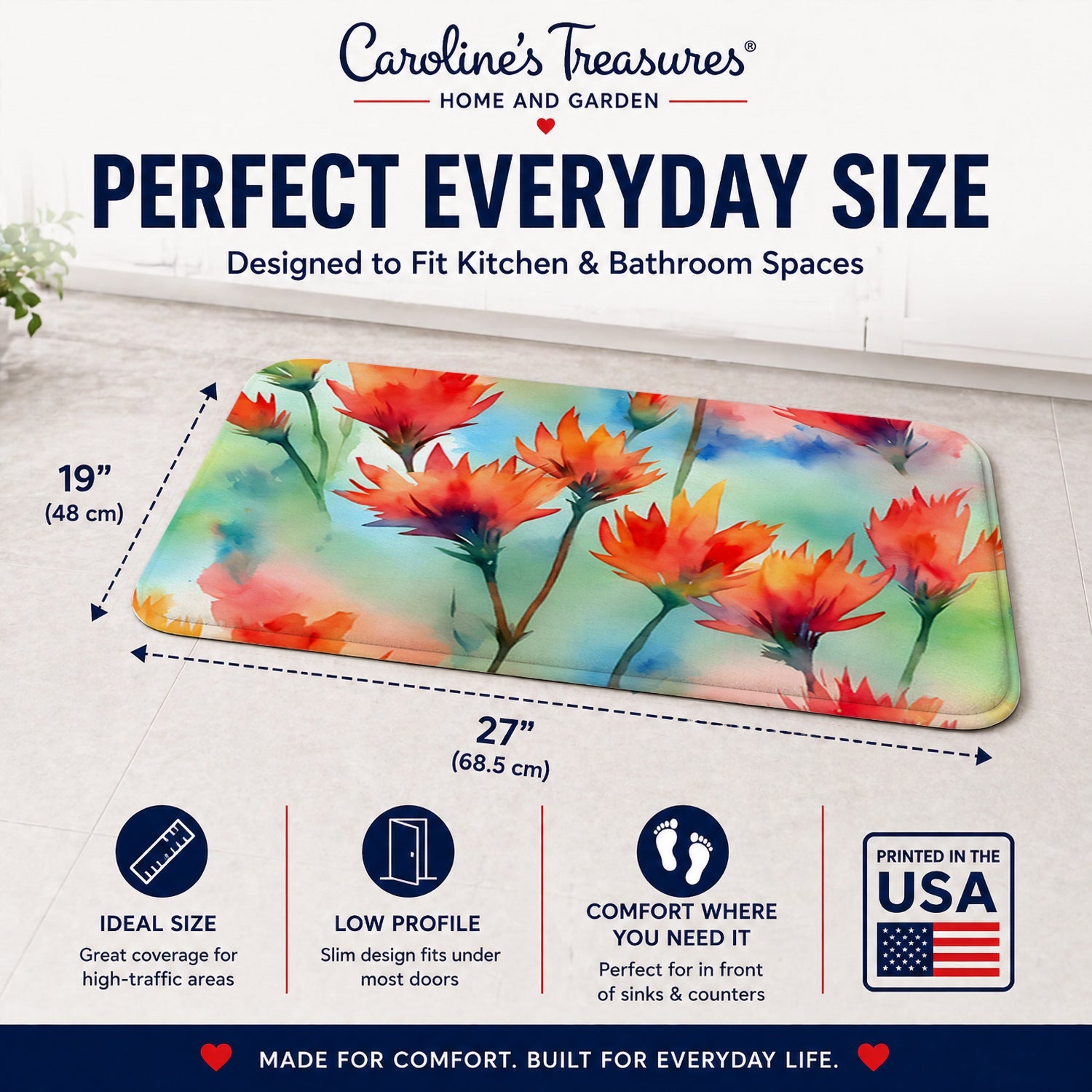 Wyoming Indian Paintbrush in Watercolor Memory Foam Kitchen Mat Machine Washable Anti-Fatigue Cushion Comfort Bath or Kitchen Rug