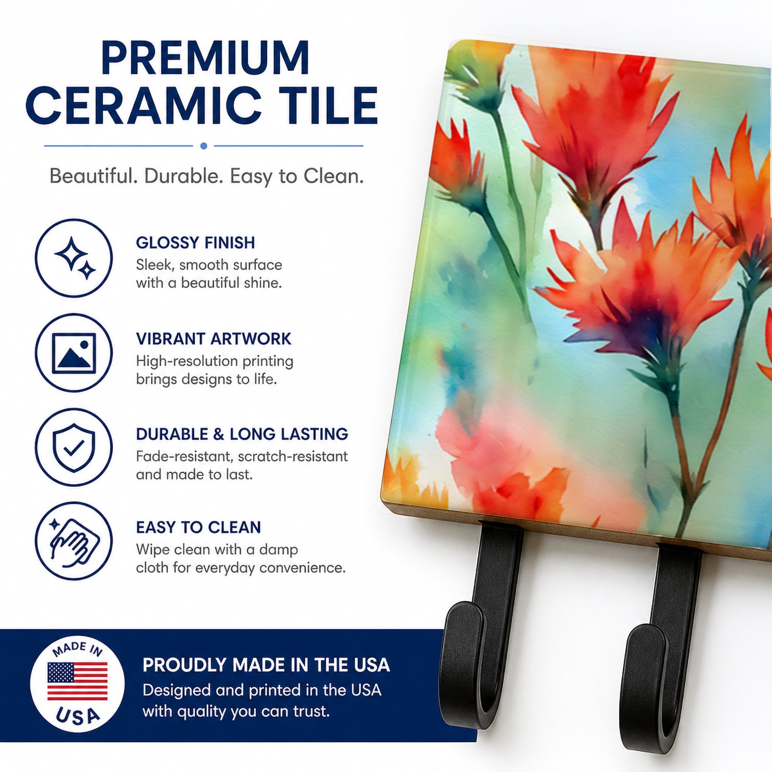 Wyoming Indian Paintbrush in Watercolor Leash or Key Holder Wall Hooks, Coat Rack Wall Mount, for Hanging Keys, Towels, Aprons, Leashes