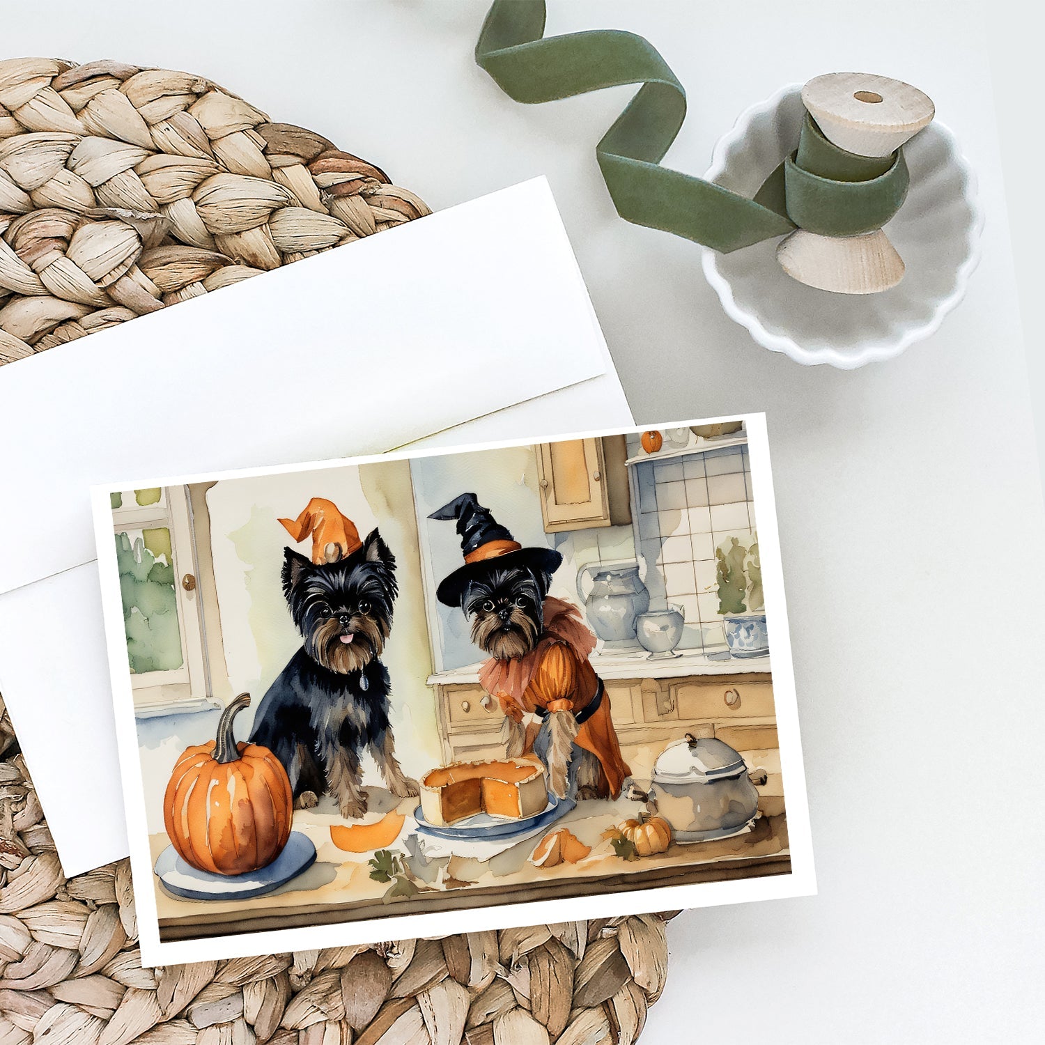 Affenpinscher Fall Kitchen Pumpkins Greeting Cards Pack of 8 Blank Cards with Envelopes Whimsical A7 Size 5x7
