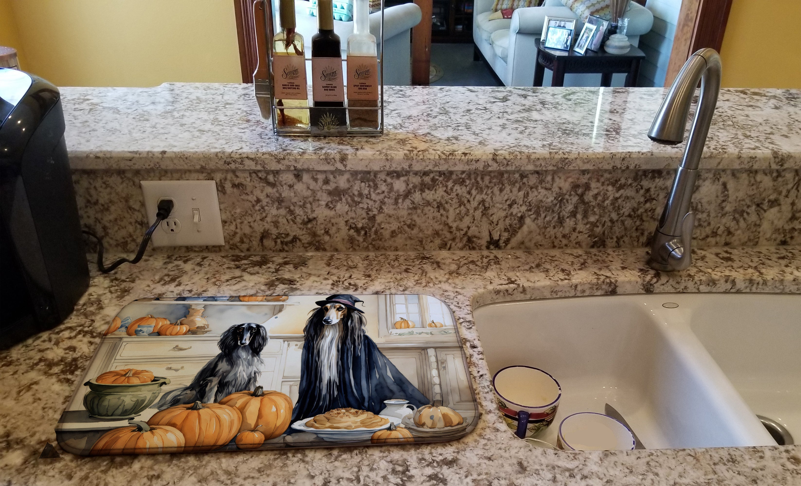Afghan Hound Fall Kitchen Pumpkins Dish Drying Mat Absorbent Dish Drying Mat Pad for Kitchen Counter Dish Drainer Mat for Countertop, 14 x 21", Multicolor