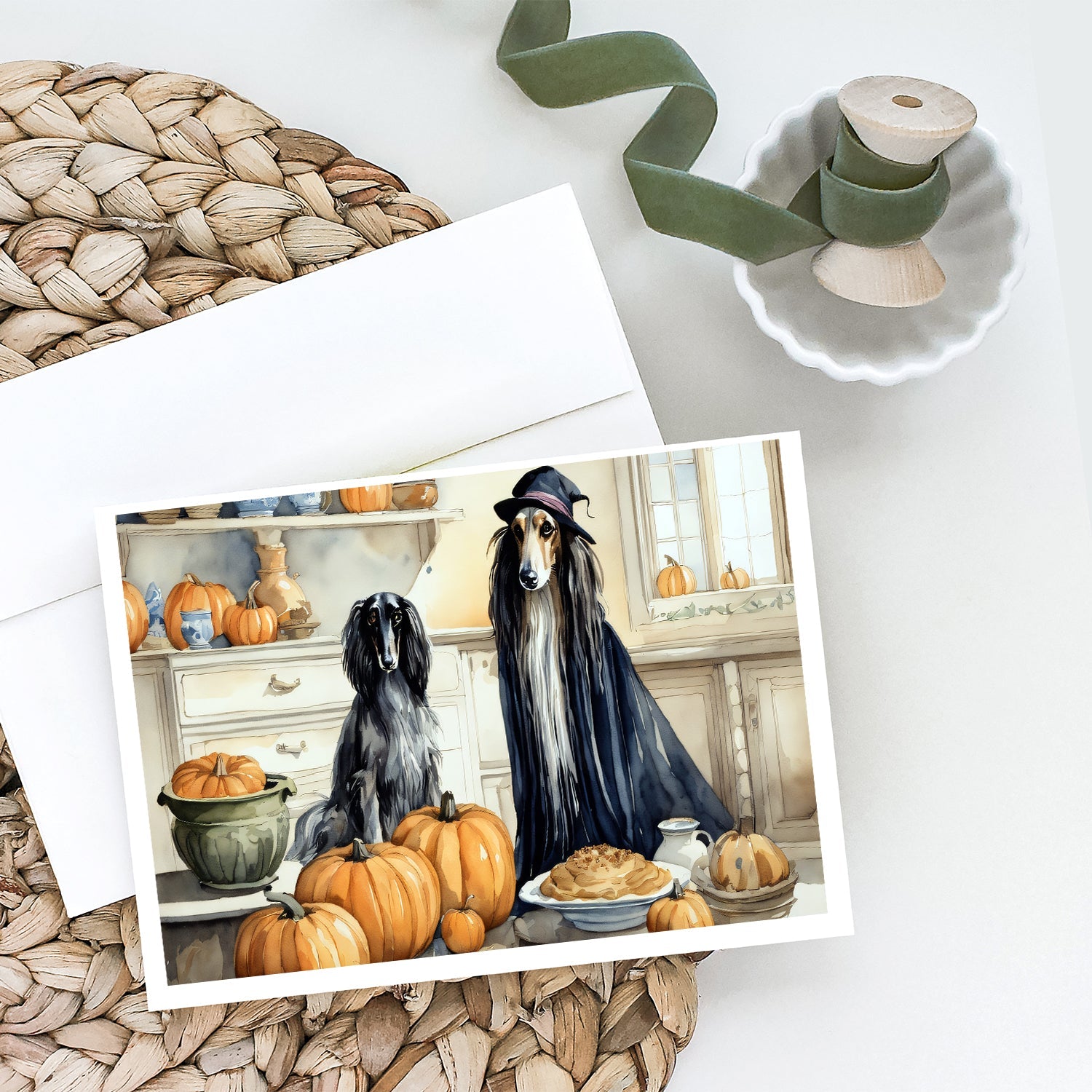 Afghan Hound Fall Kitchen Pumpkins Greeting Cards Pack of 8 Blank Cards with Envelopes Whimsical A7 Size 5x7