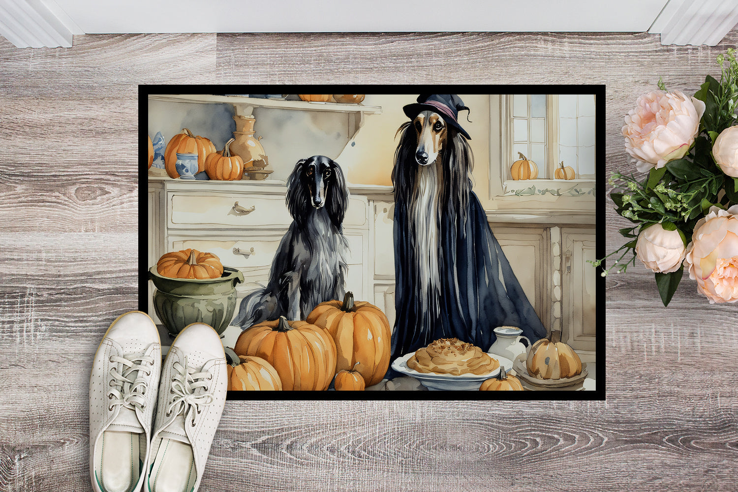 Afghan Hound Fall Kitchen Pumpkins Doormat Indoor Outdoor 24H X 36W Front Door Mat Rugs for Entryway, Non Slip Washable Low Pile,