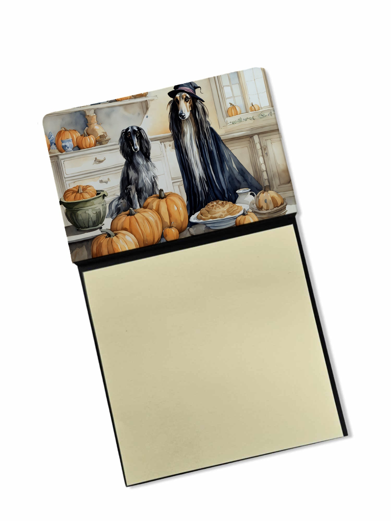 Afghan Hound Fall Kitchen Pumpkins Watercolor Sticky Note Holder Refillable Dispenser Desk Accessory 3x3 Pad Gift