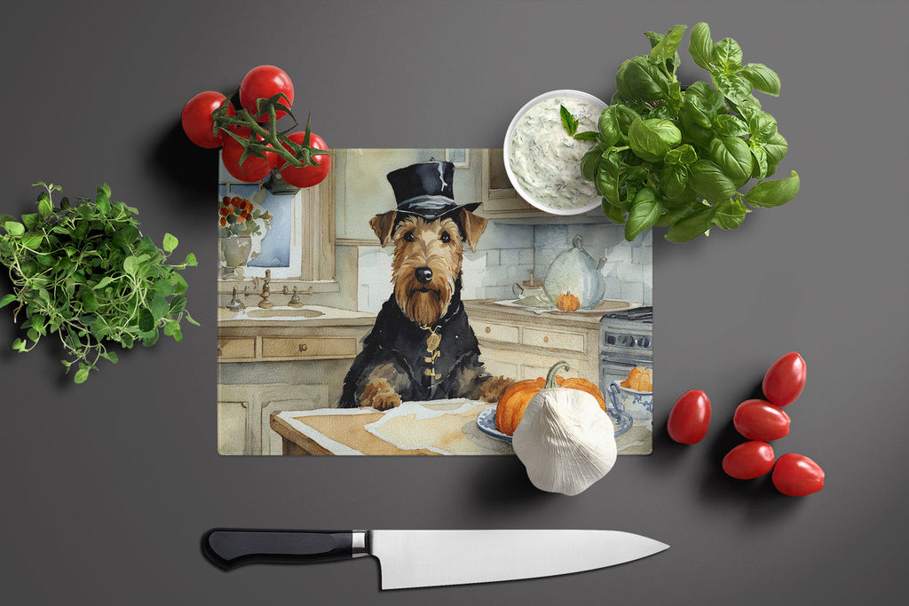 Airedale Terrier Fall Kitchen Pumpkins Cutting Board Tempered Glass Kitchen Cutting Surface, Heat Resistant Chopping, Non-Slip Feet, Food Prep & Serving