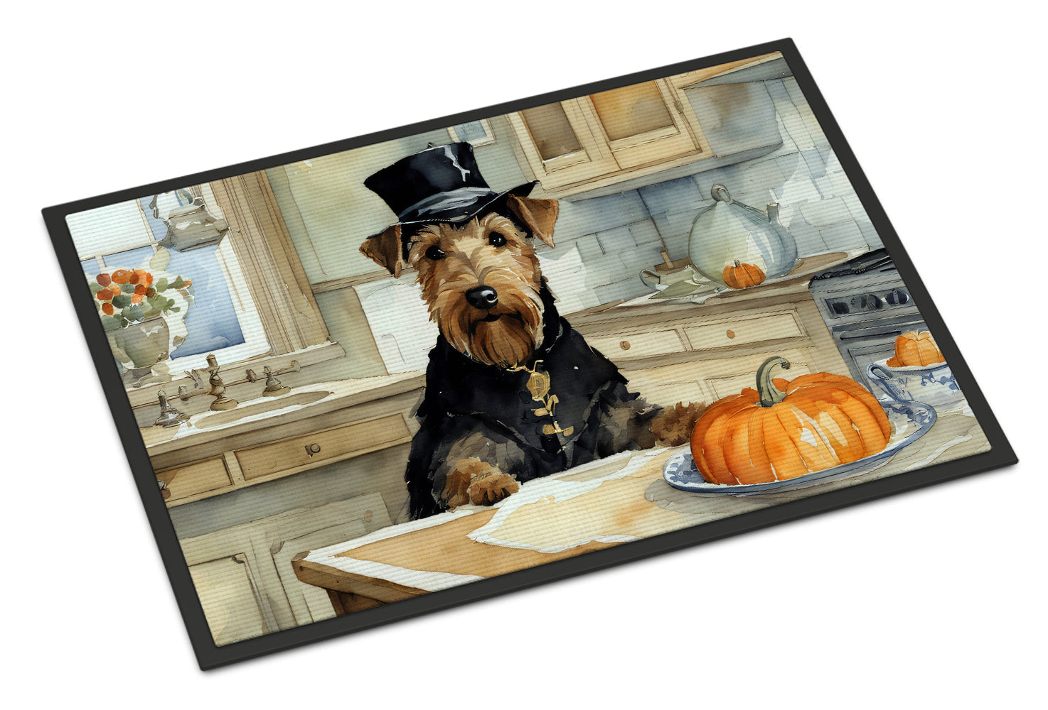 Airedale Terrier Fall Kitchen Pumpkins Doormat Indoor Outdoor 18H X 27W Front Door Mat Rugs for Entryway, Non Slip Washable