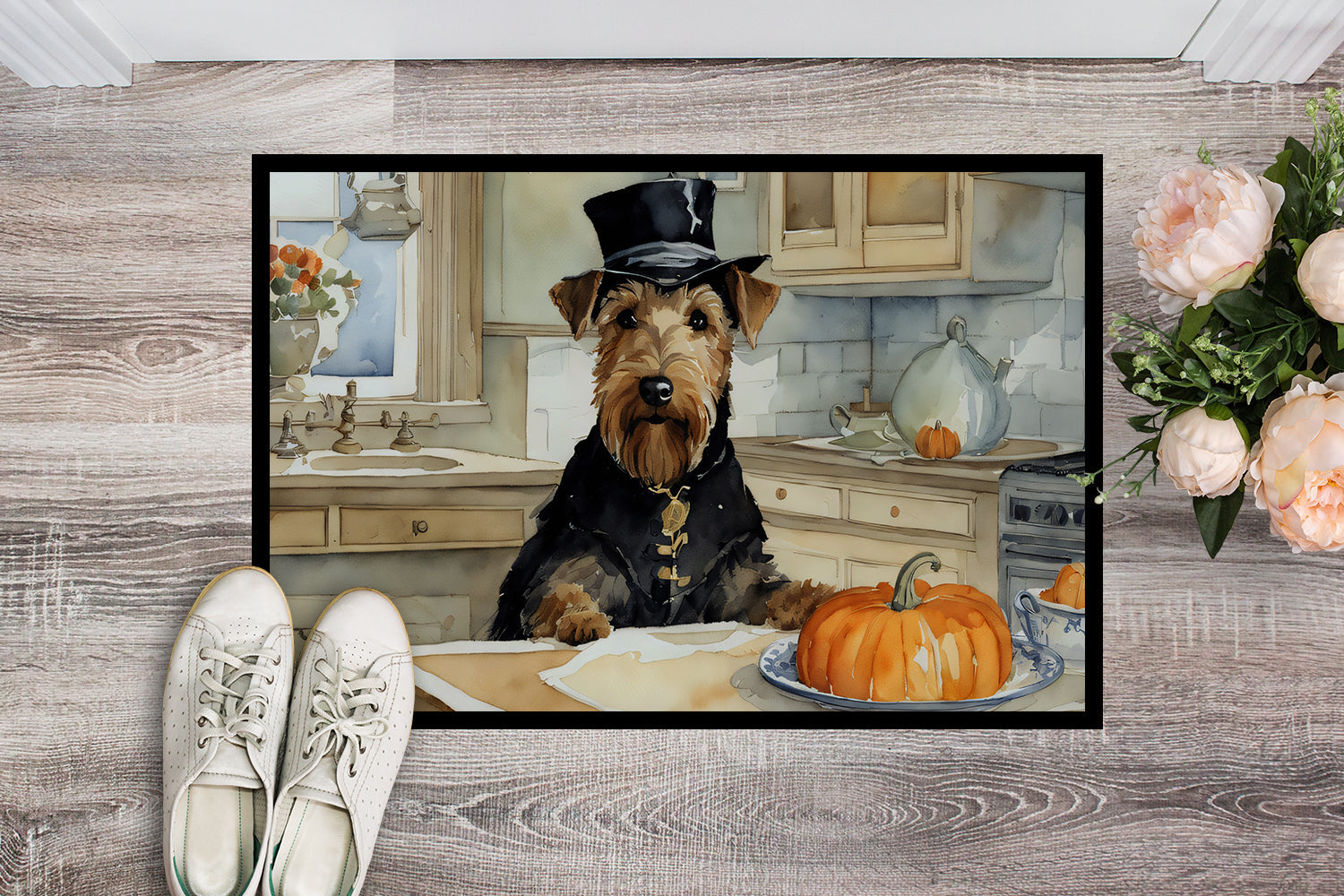Airedale Terrier Fall Kitchen Pumpkins Doormat Indoor Outdoor 18H X 27W Front Door Mat Rugs for Entryway, Non Slip Washable