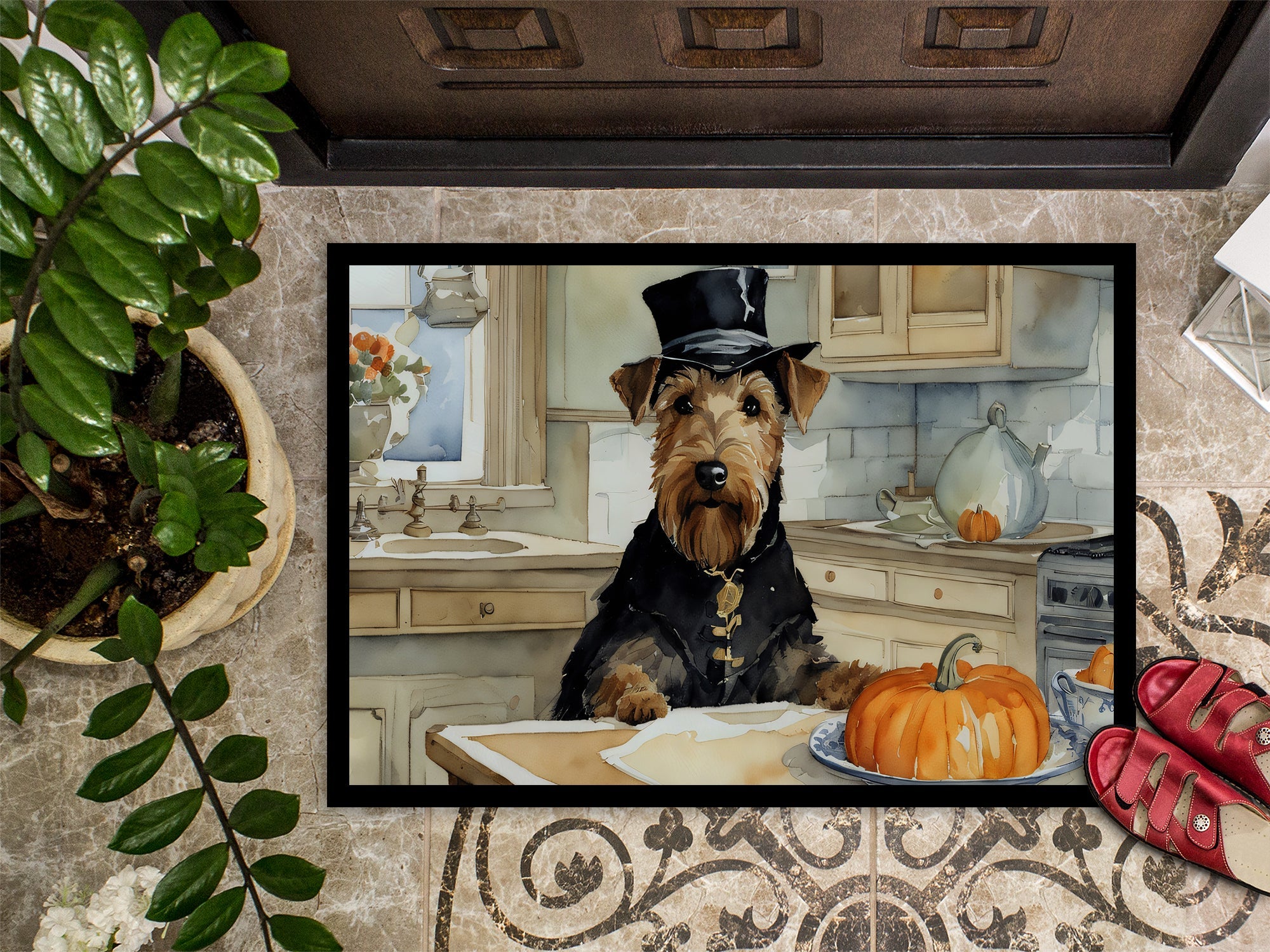 Airedale Terrier Fall Kitchen Pumpkins Doormat Indoor Outdoor 18H X 27W Front Door Mat Rugs for Entryway, Non Slip Washable