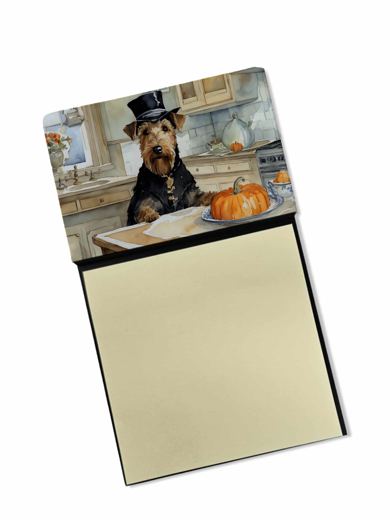 Airedale Terrier Fall Kitchen Pumpkins Watercolor Sticky Note Holder Refillable Dispenser Desk Accessory 3x3 Pad Gift