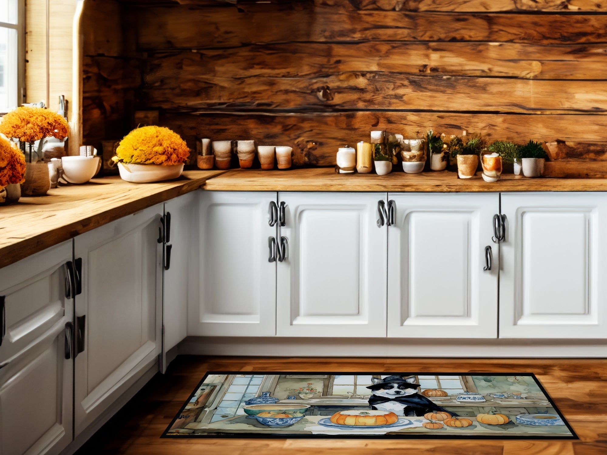 Akita Fall Kitchen Pumpkins Runner Mat 28x58 Front Door Mat Indoor Outdoor Rugs for Entryway Hallway Foyer Non Slip Washable Wide Doormat