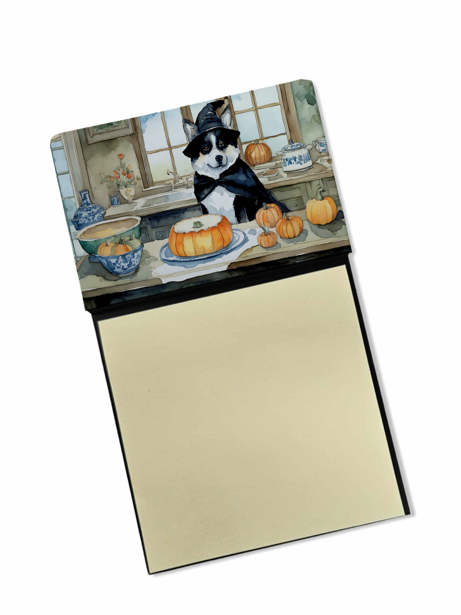 Akita Fall Kitchen Pumpkins Watercolor Sticky Note Holder Refillable Dispenser Desk Accessory 3x3 Pad Gift