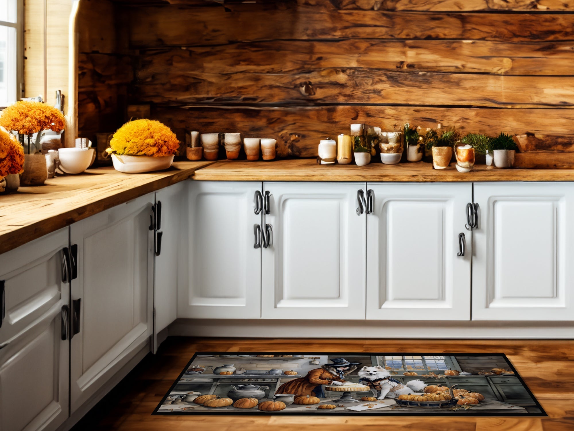 American Eskimo Fall Kitchen Pumpkins Runner Mat 28x58 Front Door Mat Indoor Outdoor Rugs for Entryway Hallway Foyer Non Slip Washable Wide Doormat
