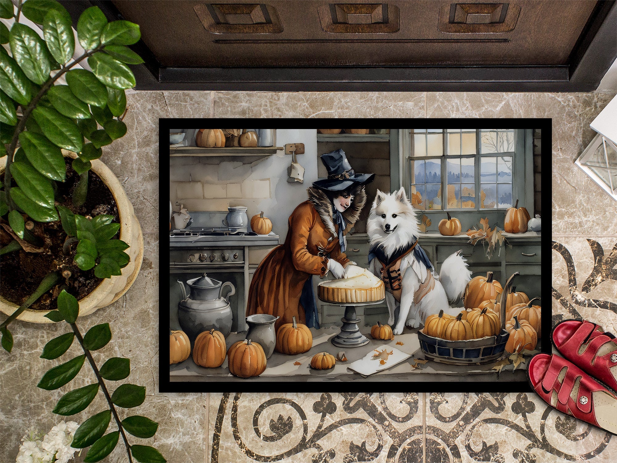 American Eskimo Fall Kitchen Pumpkins Doormat Indoor Outdoor 18H X 27W Front Door Mat Rugs for Entryway, Non Slip Washable