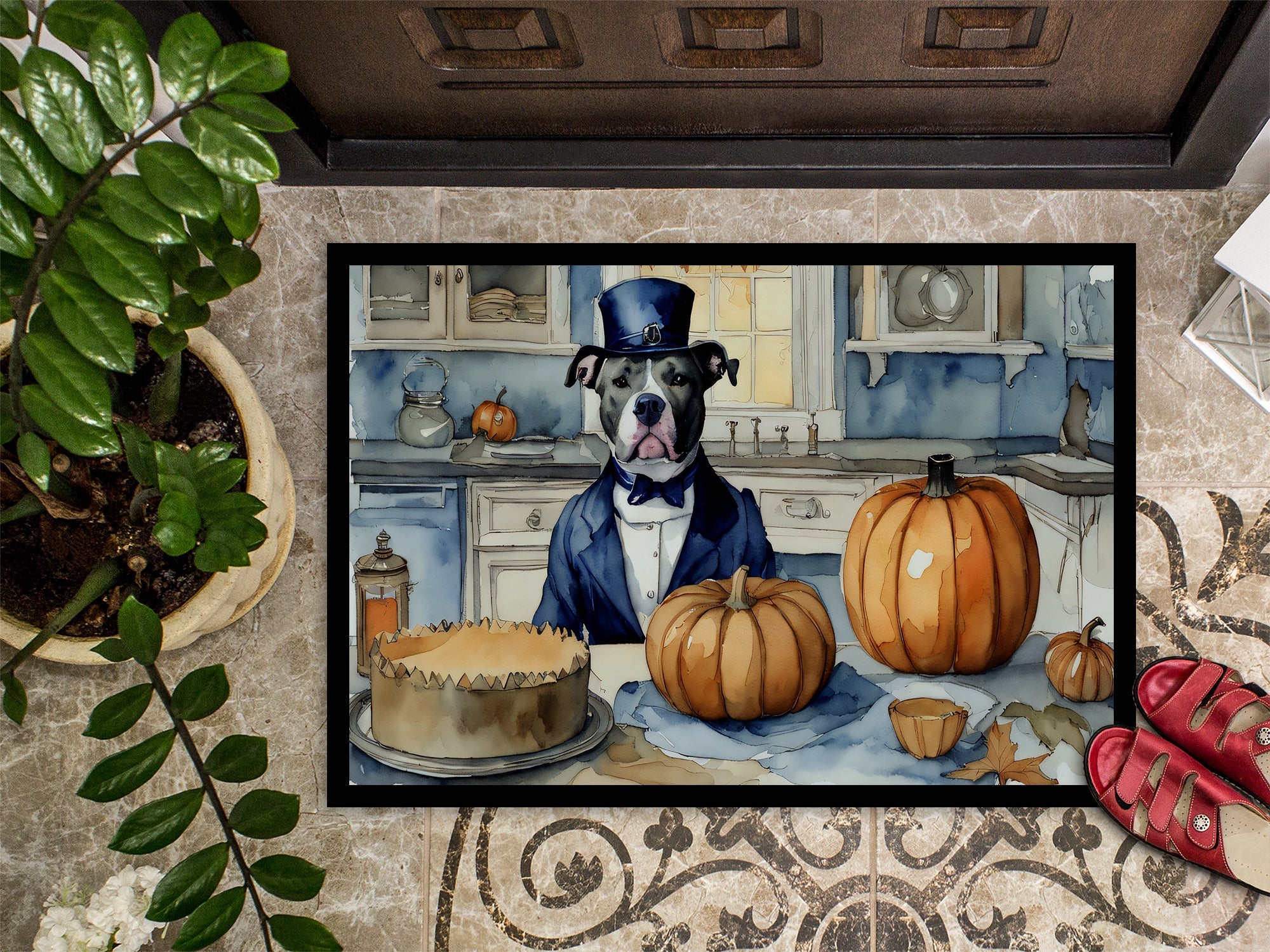 Pit Bull Terrier Fall Kitchen Pumpkins Doormat Indoor Outdoor 24H X 36W Front Door Mat Rugs for Entryway, Non Slip Washable Low Pile,